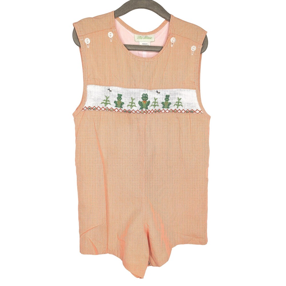 Be Mine Smocked Romper Kids 3T Orange Gingham Frog Vintage Sleeveless Sunsuit